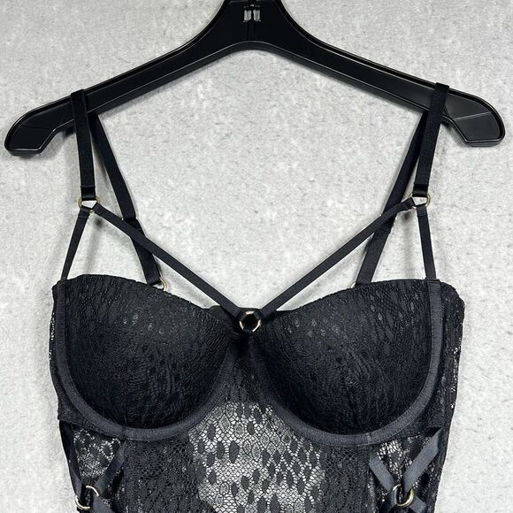 Victoria Secret Very Sexy Strappy Snake Lace Teddy W/Corset Straps 36D Black - Picture 2 of 14